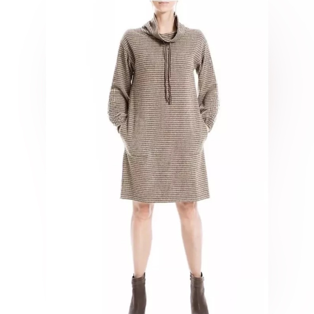 NWT Max Studio Brown Double Knit Houndstooth Bubble Sleeve Dress - Small